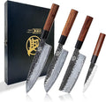 MITSUMOTO SAKARI 4-Piece Japanese Chef Knife Set, San-Mai 9Cr18MoV | Gyuto Santoku Nakiri Paring, Deep-Cryo Heat Treatment, Tsuchime Food Release, Rosewood Handles, Sandalwood Box