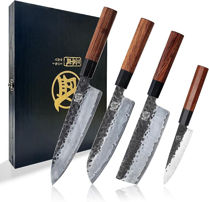MITSUMOTO SAKARI 4-Piece Japanese Chef Knife Set, San-Mai 9Cr18MoV | Gyuto Santoku Nakiri Paring, Deep-Cryo Heat Treatment, Tsuchime Food Release, Rosewood Handles, Sandalwood Box