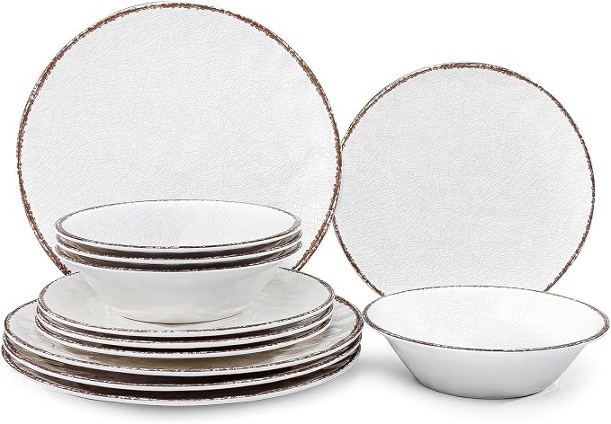 LEHAHA Farmhouse White Melamine Plates and Bowls Set, White dishes Rustic Farmhouse Dinnerware Set, Lightweight Melamine Dishes Set for 4, Perfect for RV, Camper, Dishwasher Safe