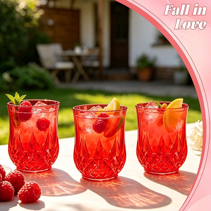 12 Pack Plastic Stemless Wine Glasses,12oz Unbreakable Vintage Elegant Drinking Glass Set,Reusable Fancy Cocktail Cups for Party, Wedding, and Bulk Events (12, 12oz-Red)