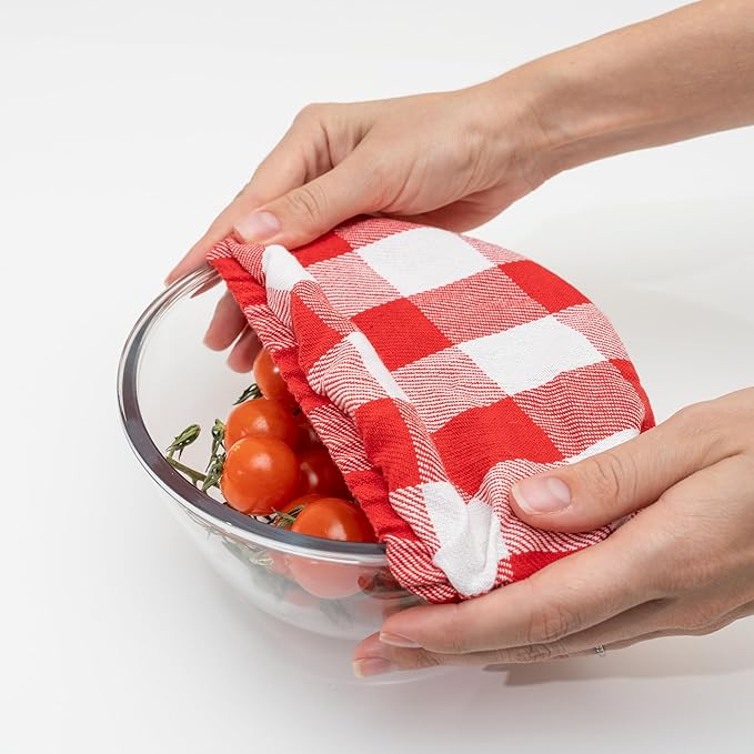 Reusable Mixing Bowl Cover - Perfect Sourdough Bowl Cover - 100% Cotton, Red, Fabric Bowl Covers Set with Elastic to Cover Fruits, Vegetables and Regulate Moisture (Red Plaid, 1XL, 1L, 1M, 1S)