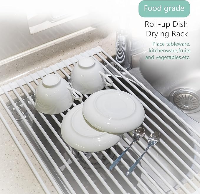 Bigdata&BetterLife Multi Purpose Roll Up Dish Drying Rack White Dish Drying Mat with Rack for Kitchen,Heavy Duty Foldable Silicone-Coated Stainless Steel Sink Dry Rack (White,20.5" x 13.1")