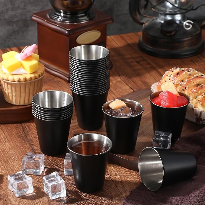 Lallisa 2 oz Stainless Steel Shot Glasses Metal Cups Small Unbreakable Shot Glass for Espresso Whiskey Bar Home Restaurant Camping Barware Gift (Black,200 Pcs)