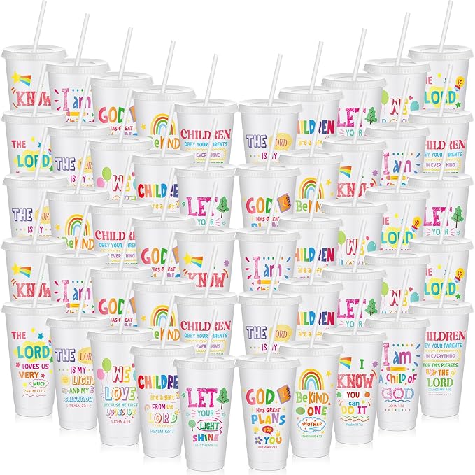 Uiifan 50 Pcs VBS Christian Tumblers with Straws for Kids, Bible Verse Cups for VBS, Sunday School, Church Party Favors and Faith Gifts, Reusable Plastic Tumblers with Lids, 24 oz, White