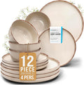 12 Piece Stoneware Dinnerware Set for 4 - Handmade Reactive Glaze Plates and Bowls Set - Chip & Scratch Resistant Dish Set - Dishwasher Microwave Safe - Rustic Beige