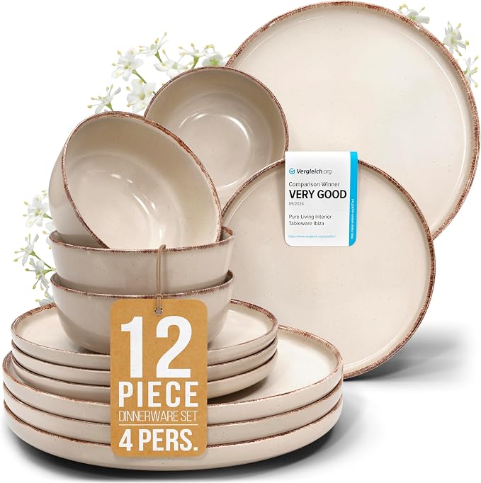 12 Piece Stoneware Dinnerware Set for 4 - Handmade Reactive Glaze Plates and Bowls Set - Chip & Scratch Resistant Dish Set - Dishwasher Microwave Safe - Rustic Beige
