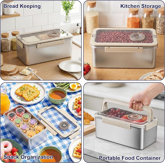 QCQHDU Bread Containers Corner Bread Box Keeper Food Storage Container | Airtight, Time Recording, BPA Free, 5800ML Large Capacity 2 Pack, Stainless Steel, for Kitchen Countertop Homemade Breadbox
