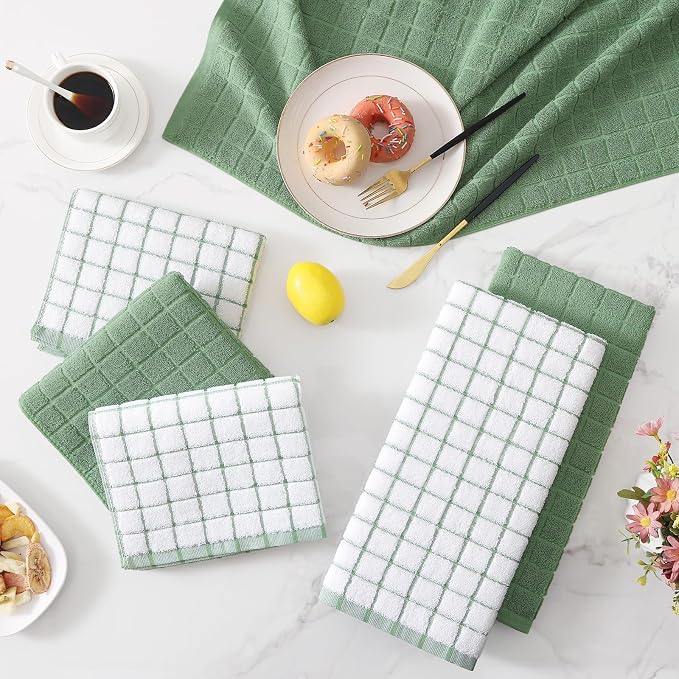 Homaxy Premium Cotton Kitchen Towels 16"x 28", Large Natural Ring Spun 390 GSM Dish Towels, Super Absorbent Terry Kitchen Hand Towels, Soft Tea Towels with Hanging Loop, Grass Green Check, 6 Pack