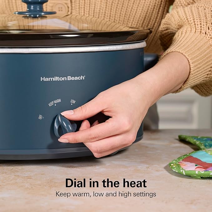 Hamilton Beach 6 Quart Slow Cooker with Space-Saving Folding Handles, 3 Heat Settings, Dishwasher Safe Stoneware Crock and Glass Lid, Kitchen Makeover Blue (33608)