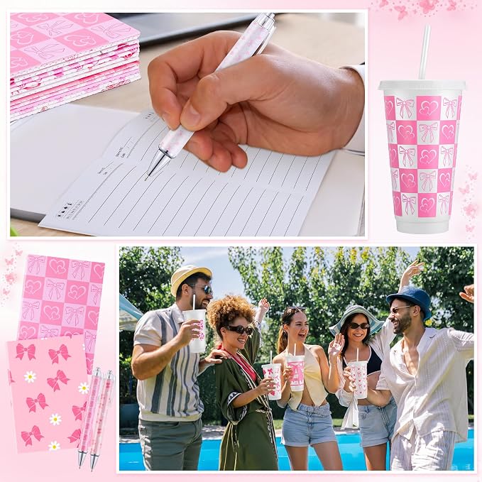 Feifeiya 72 Pcs/ 24 Set Pink Bow Gifts 24 oz Reusable Tumbler with Lids and Straws Cute Pens Notepads Set Coquette Plastic Cups Gift for Bachelorette Birthday Baby Shower Decoration Favors