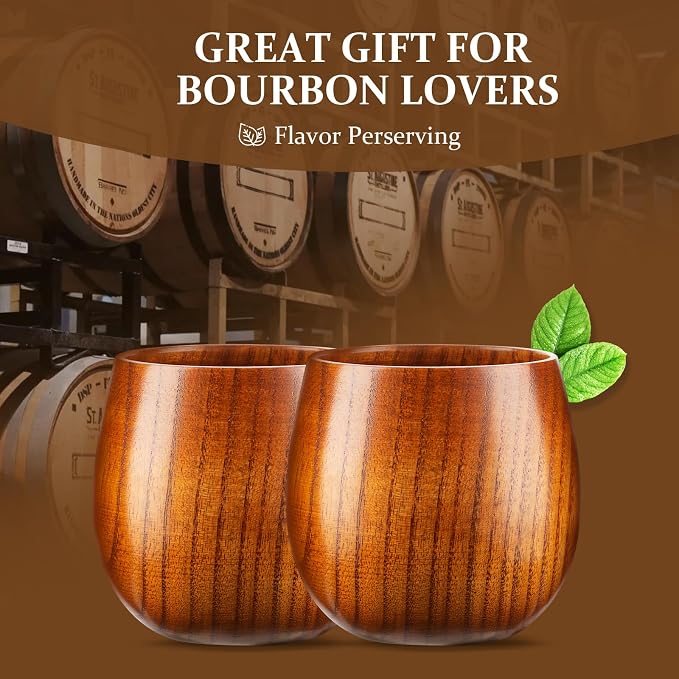 GENUINED The Original Wooden Whiskey Glasses Set of 2 | 8oz Old Fashioned Wooden Bourbon Drinking Glass | Gifts for Men