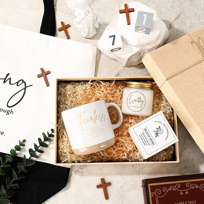 LemonRoad 3 Pcs Christian Gift for Women Inspirational Large Handle Bag Ceramics Coffee Mug Religious Scented Religious Gift for Grandparent Vbs Church Party