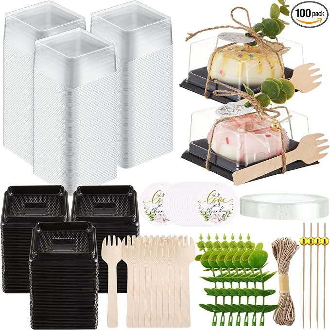 Honeydak Clear Cake Containers Mooncake Boxes with Lids, Wedding Dessert Cupcake Box with Forks, Thank You Tags Eucalyptus Leaves, Mini Cake Packaging for Wedding Favors Birthday Party(Black,100 Sets)