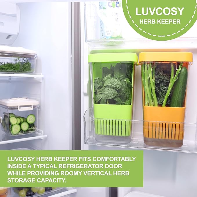 LUVCOSY Fresh Herb Keeper for Refrigerator, Clear BPA-Free Herb Saver, Storage Container for Cilantro, Parsley, Thyme, Mint & Asparagus, Preserver Keeps Fresh Herbs for 3 Times Longer, Orange