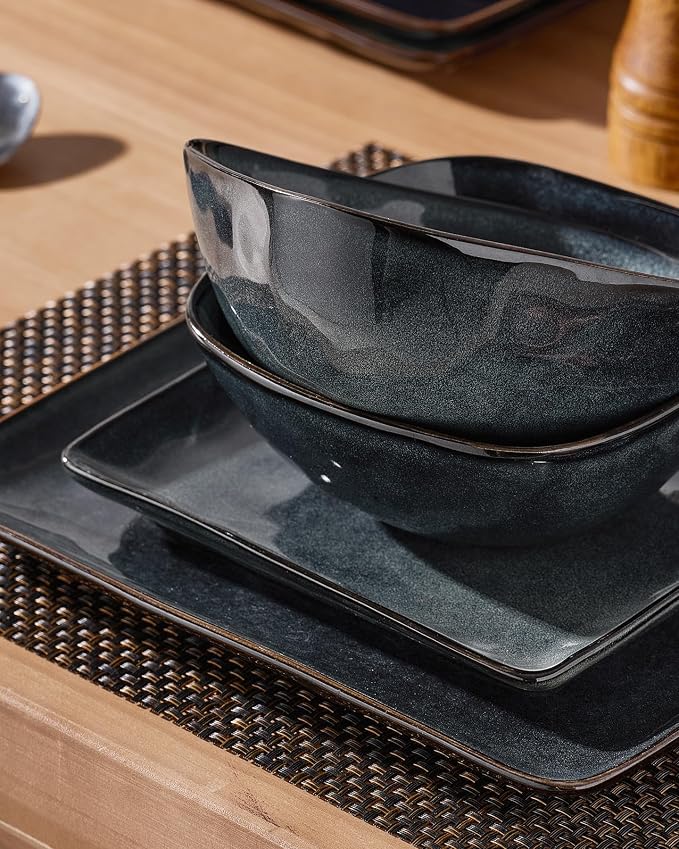 Famiware Stoneware Dinnerware Sets for 4, Ocean Square 12-Piece Kitchen Plates and Bowls Sets, Reactive Glaze, Microwave and Dishwasher Safe, Scratch Resistant, Deep Forest