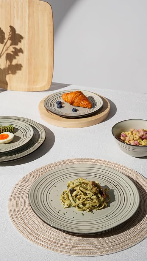 Famiware Twilight Plates and Bowls Sets 12-Piece Stoneware Dinnerware Sets, Dishes Set for 4, Hand-made Reactive Glaze Dish Set, Terre-verte