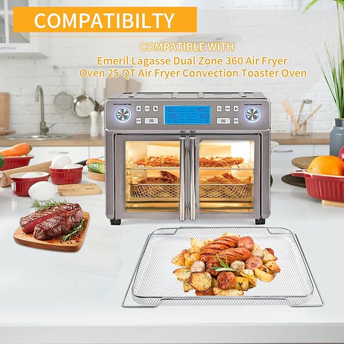 GCQ Air Fryer Accessories for Emeril Lagasse Dual Zone 360 Air Fryer Oven 25 QT Extra Large, 14.1" x 11.8" Replacement Parts Non-Stick Mesh Basket Air Fryer Steel Basket Wire Rack, Dishwasher Safe