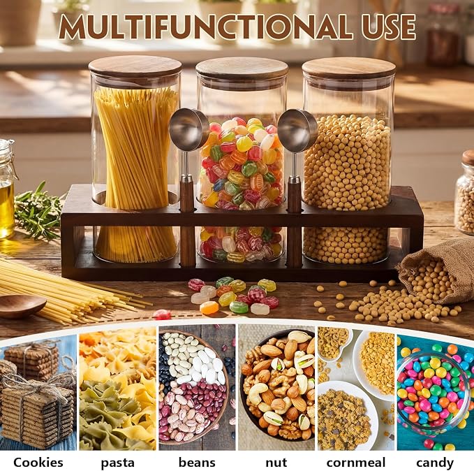 Suclain 3 Pcs 44 oz Glass Coffee Grounds Container with Shelf Glass Coffee Bean Storage Canisters with Airtight Lid and Measuring Spoon Food Storage Jars for Kitchen Sugar (Minimalist Style)