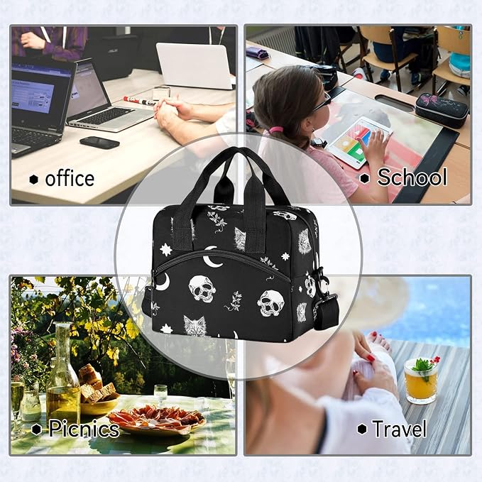 Skull Cat Moon Gothic Insulated Lunch Bag Reusable Lunch Tote Bag Cooler Bag for Women Men Adult Lunch Box with Adjustable Shoulder Strap Leakproof Lunch Bag for Work School Picnic Camping