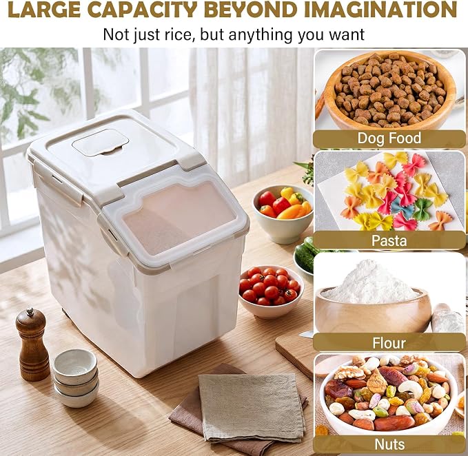 Sunnyray Flour Storage Container Bin,Rice Storage Containers with Wheels Seal Locking Lid, BPA Free with Measuring Cup Scoop for Rice Grain Pet Food Flour(55 Lbs,Beige,6 Pcs)