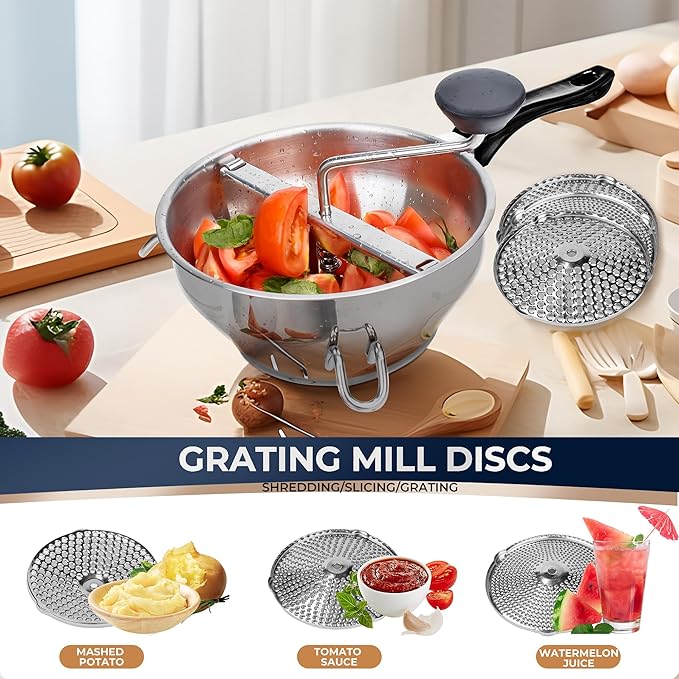 Stainless Steel Food Mill With 3 Milling Discs,Ergonomic design Rotary hand crank Food Mills For Tomato Sauce,Potatoes,Jams,canning, Dishwasher Safe,Includes Multifunctional Spoon,Blue D