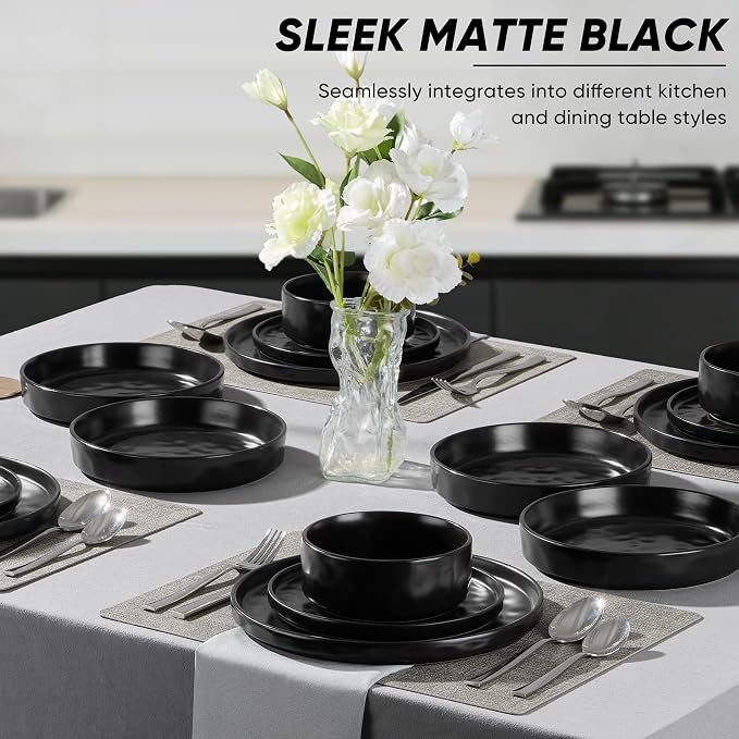 E-far 24-Piece Black Plates and Bowls Sets with Pasta Bowls - Stoneware Dinnerware Set for 6, Modern Ribbed Matte Black Kitchen Dishes, Microwave & Dishwasher Safe