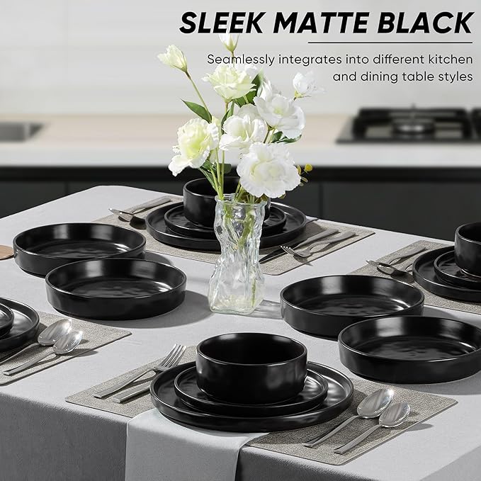 E-far 16-Piece Black Plates and Bowls Sets with Pasta Bowls - Stoneware Dinnerware Set for 4, Modern Ribbed Matte Black Kitchen Dishes, Microwave & Dishwasher Safe