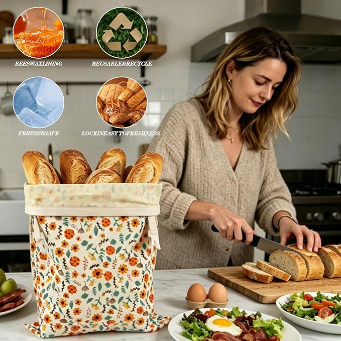 Beeswax Bread Bags for Sourdough & Homemade Bread，Reusable Cotton Storage Bags，Extra Large Airtight Food Keeper to Keep Fresh