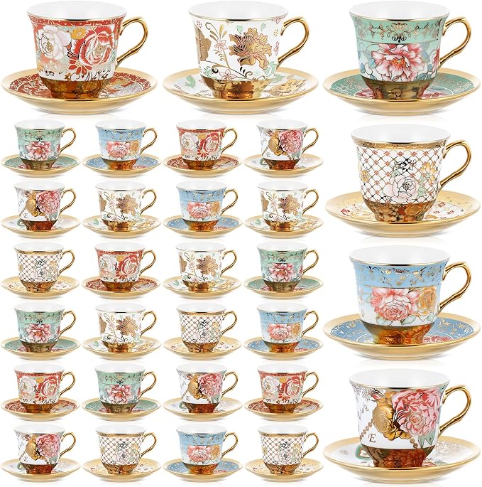 Teenyyou Set of 36 Tea Cups and Saucers Tea Party Decorations Floral Porcelain 5.4 oz British Gift for Women Birthday Party, Church, and Mother's Day (Stylish Style)