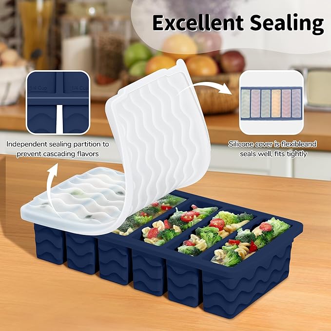 3-Pack Silicone Freezer Trays with Lid,2 Large 2-Cup(500ml)&4 Medium 1-Cup(125ml)&6 Small 1/2-Cup(75ml) Soup Freezer Container Molds,Ice Cube Tray For Meal Prep&Freezing Soup,Stews,Sauces
