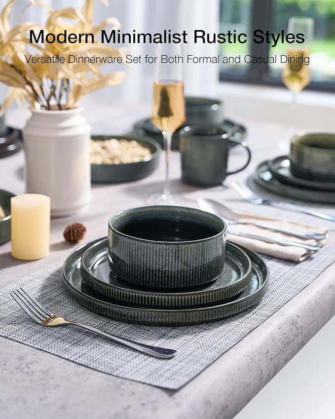 Famiware Star 16-Piece Stoneware Dinnerware Set, Service for 4, Reactive Glaze Mugs, Plates and Bowls, Dishes with Trim, Modern Rustic, Chip/Scratch Resistant, Microwave/Dishwasher Safe, Deep Forest