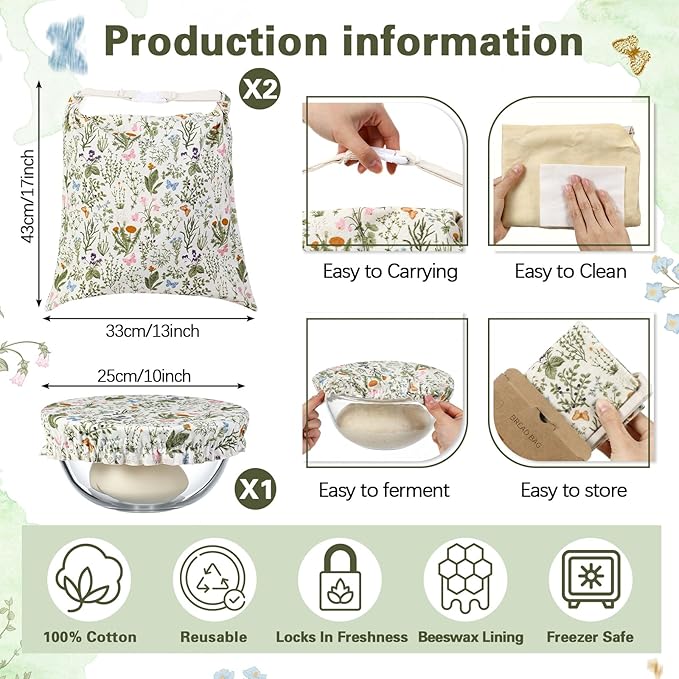 Reusable Beeswax Bread Bags for Homemade Bread Sourdough (2 Pcs 13x17in Bags + 10in Bowl Cover) Floral Cotton 100% Natural Beeswax Coating, Plastic-free Food Storage Wrap(Flower Butterfly)