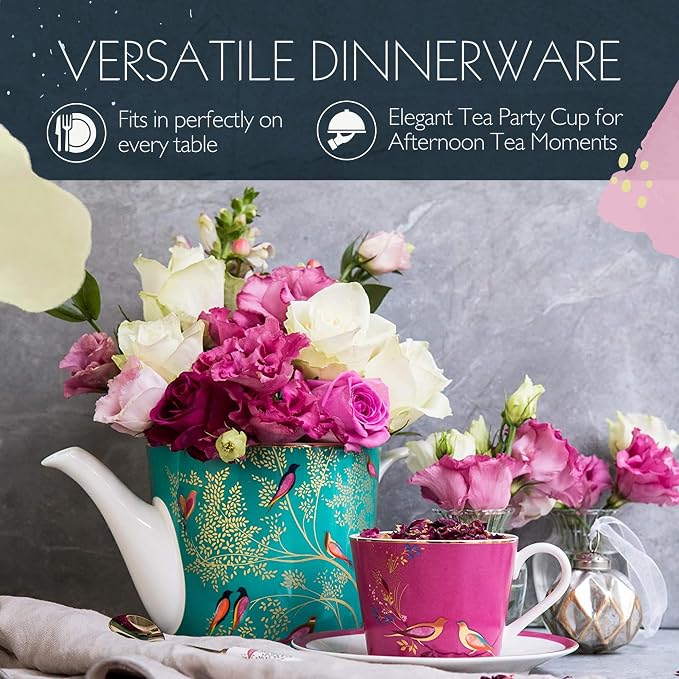 Portmeirion Sara Miller London Chelsea Teacup and Saucer, Pink | 8 Oz Cup for Drinking Tea and Coffee | Made from Fine China with Gold Detail | Handwash Only