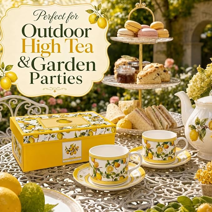 Summer Lemon Espresso Cups and Saucers Set of 2, 4 oz Ceramic Small Coffee Mug with Handle,Lemon Botanical Pattern for Tea, Latte, Cafe, Microwave & Dishwasher Safe, Decorative Holiday Gift Box