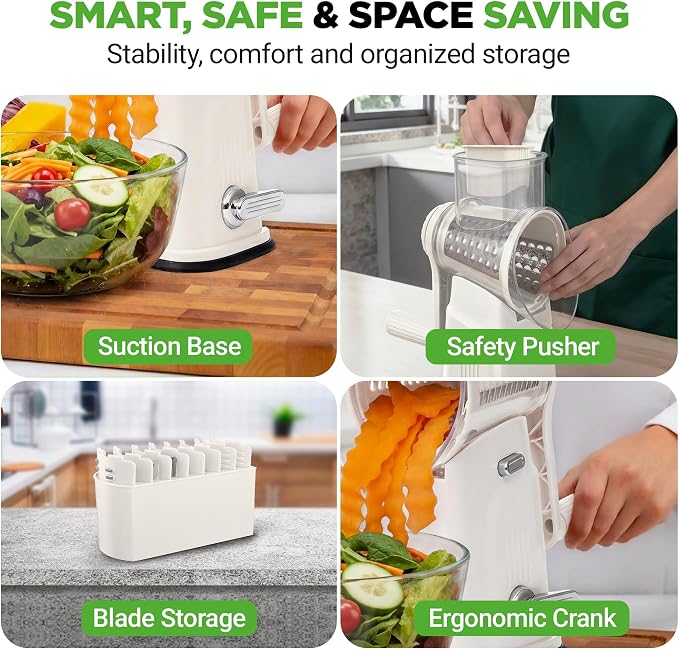 NutriChef 5 in 1 Cheese Grater & Shredder | 5 Different Blades for Thin, Thick, Julienne Strips, Wavy, & Straight Strips | Includes Hand Crank, Strong Suction Base & Storage Container | White