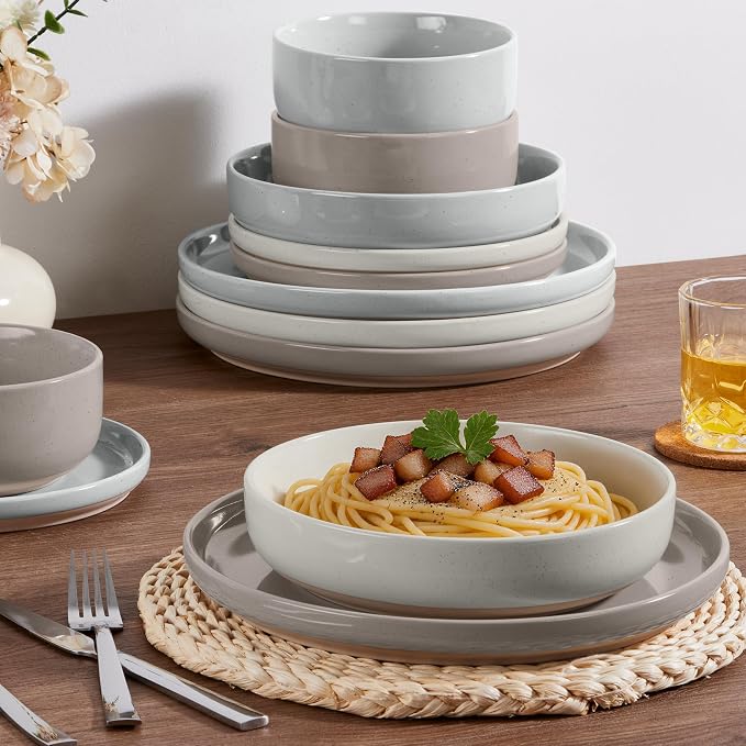 HaWare 24-Piece Plates and Bowls Set for 6, Stoneware Dinnerware Sets with Pasta Bowl, Dishes Set for Home Restaurant, Speckled Multicolor