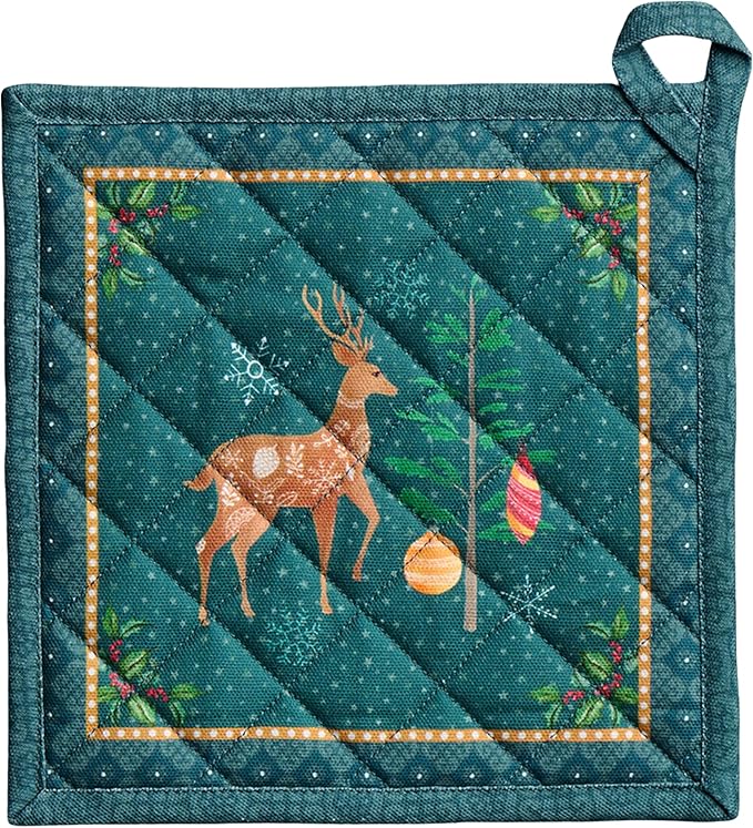 Maison d' Hermine Pot Holders 100% Cotton Heat Resistant Potholders 8" x 8" Hot Pads with Loop for Thanksgiving Christmas Decorations BBQ Cooking Baking Handling Hot Pans (Pack of 1, Hygge Christmas)