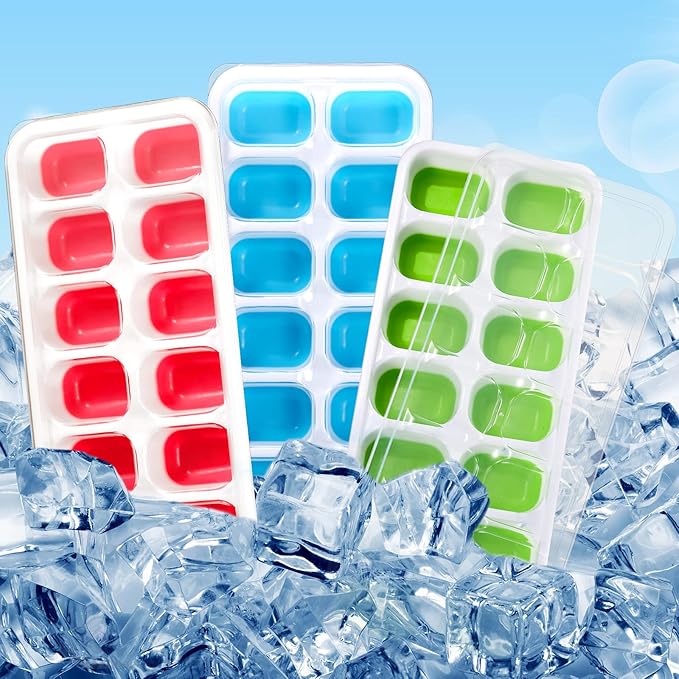 Honeydak 10 Pack 10 Pack Ice Cube Trays with Spill-resistant Removable Lid Easy-release Flexible 14 Ice Cube Tray for Drinks Fruit Yogurt Cocktails Coffee Freezer (Green,Blue,Red)