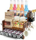 3-Tier Coffee Station Organizer for Countertop, Wood Coffee Bar Organizer with Drawer, Rustic Coffee and Tea Condiment Organizer, K-Cups Coffee Corner Organizer with 6 Hooks for Coffee Bar Accessories