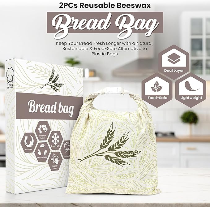 Bread Bags – 13 x 17in Cotton Beeswax Bread Bag – Reusable Bakery Bags for Sourdough, Homemade Baked Goods, Pastries Storage – Large Size 2-Pack
