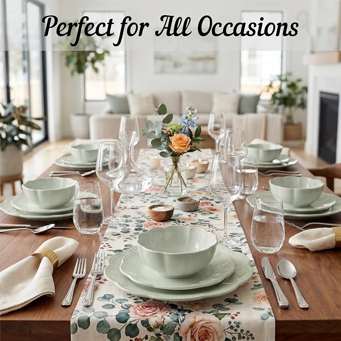 Sango 12 Pieces Scalloped Dinnerware Set, Sage Green Dishes for 4, Premium Serving Plates & Bowls Sets, Chip Resistant, Ceramic Dishware, Kitchen Dish, Microwave & Dishwasher Safe, Bethany