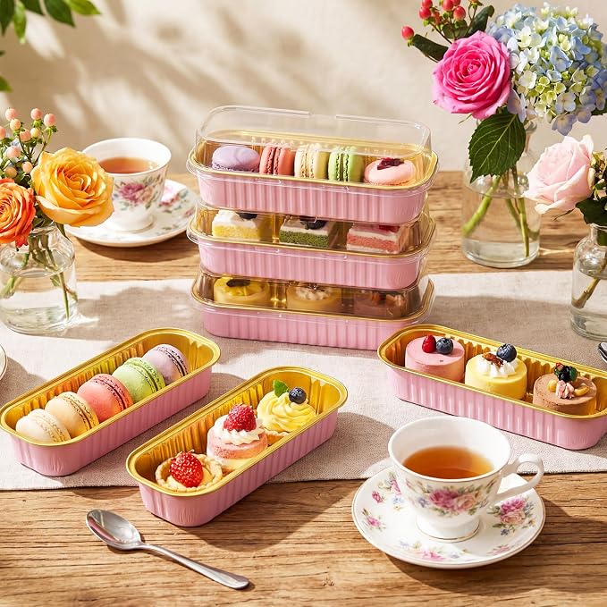 Qunclay 200 Pcs Aluminum Foil Mini Loaf Pans with Lids 6.8 oz Disposable Mini Cake Pan with Lid Rectangle Baking Cups for Party Muffin Cheesecake Ramekins(Pink, Gold)