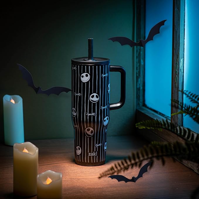 Zak Designs Disney Tim Burton's The Nightmare Before Christmas Sutton Travel Tumbler for On the Go, 30oz Stainless Steel with Vacuum Insulation and Silicone Straw for Cold Drinks (Jack Skellington)