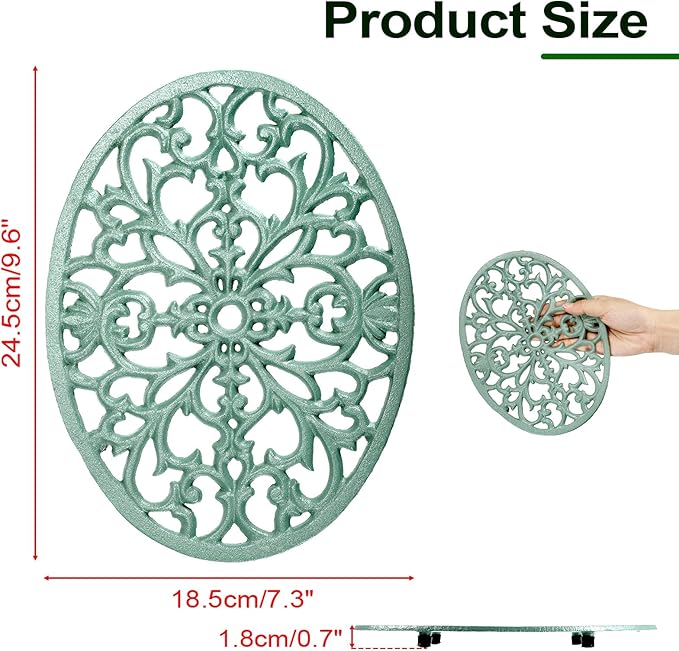 2 Pack Cast Iron Trivets, Green Oval Trivet 9.6"x7.3", Heat Resistant Metal Trivets for Hot Dishes Pots Pans Plates Teapot, Heavy Duty Cast Iron Pot Holder for Kitchen Countertops Dining Table