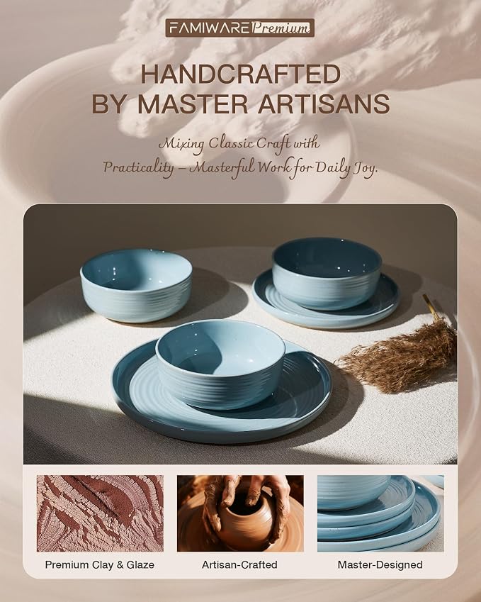 24-Piece Stoneware Dinnerware Sets for 8 - Farmhouse Coupe Plates and Bowls with Speckles & Spirals - Chip & Scratch Resistant, Microwave & Dishwasher Safe - Gift Box, Ice Blue