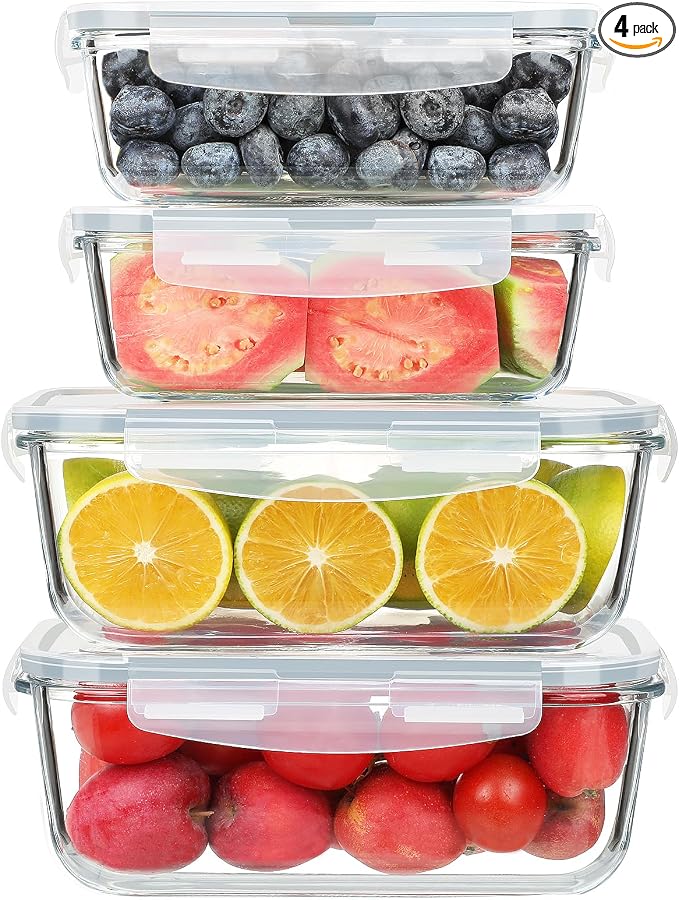 KOMUEE 4 Pack 63oz+27oz Large Glass Food Storage Containers Set with Airtight Lids, BPA-Free, Meal Prep Containers for Storing, Freezer, Microwave and Oven Safe