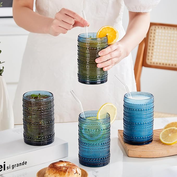 HomeVogue Hobnail Drinking Glasses Set of 12, 12oz & 15oz Vintage Glassware Set Cocktail Glass Set, Embossed Blue Water Tumbler,for Beer, Whiskey,Juice and Various Mixed Drinks (12 Pack-Blue)