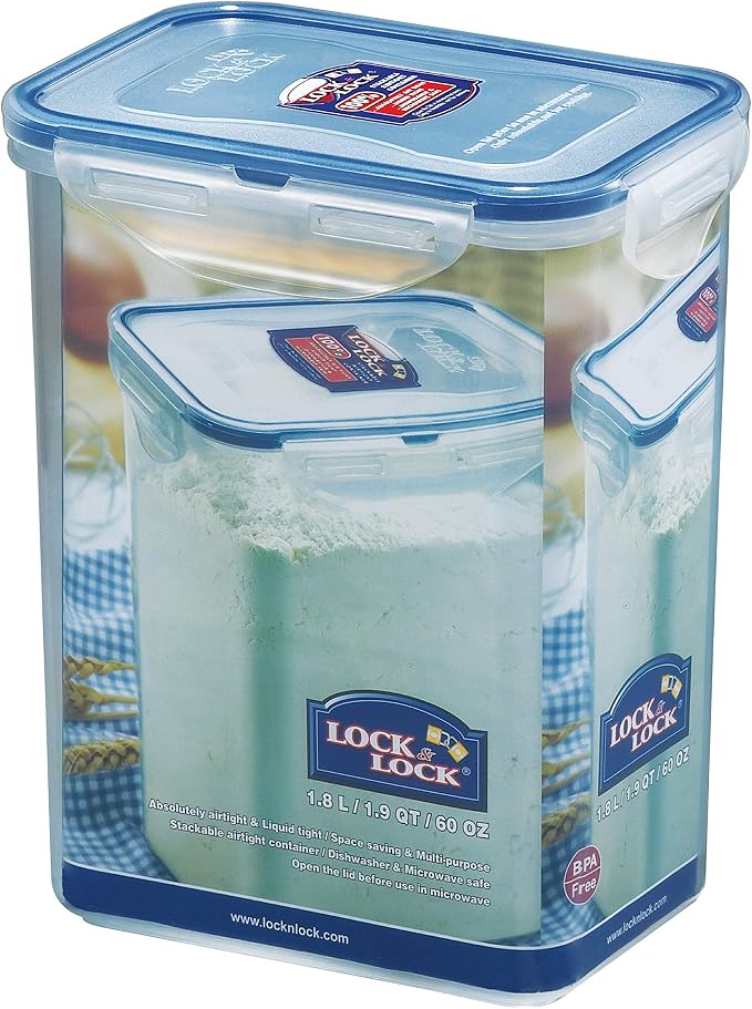 LOCK & LOCK LocknLock Easy Essentials Airtight Rectangular Tall Food Storage Container 7.61 Cup, 4 Piece, Clear