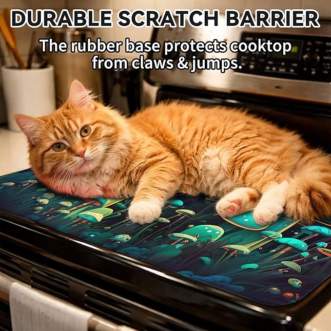 Decorative Stove Top Covers for Electric Stove 28"x20" – Heat Resistant Glass Cooktop Protector Dish Drying Mat – Non-Slip Rubber Backing Washer Top Cover Waterproof Extra Counter Space (Mushroom)
