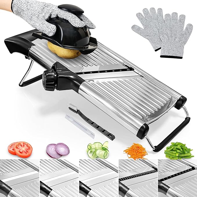 Mandoline Slicer, Mandoline Food Slicer for Kitchen, Mandolin, Vegetable Chopper, Veggie Slicer, Adjustable Stainless Steel Veggie Onion Tomato Julienne Cutter with 1 Pair Cut-Resistant Gloves